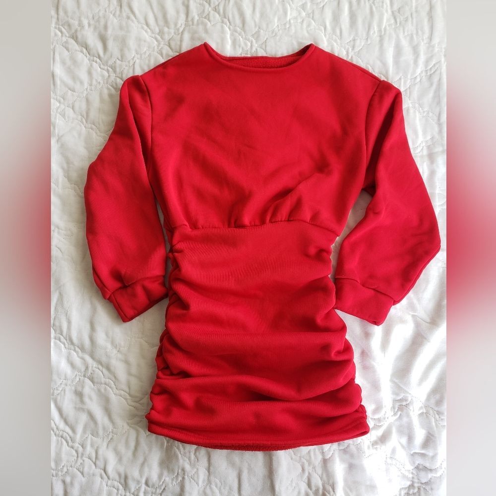 Red Crew Neck Fitted Mini Sweater Dress With Stretchy Ruched Gathered Sides